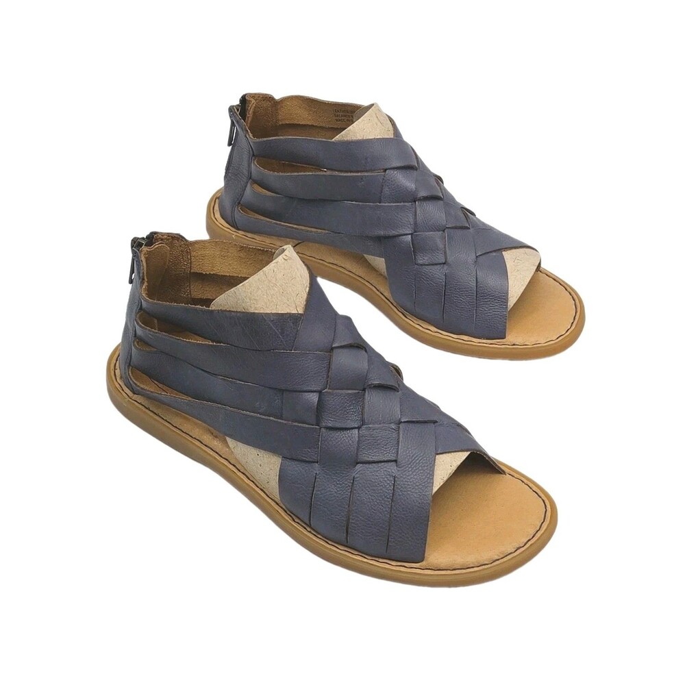 Born Shoe Gladiator Sandals Blue Leather Women Sz 8 Back Zip Flat Strappy Soft